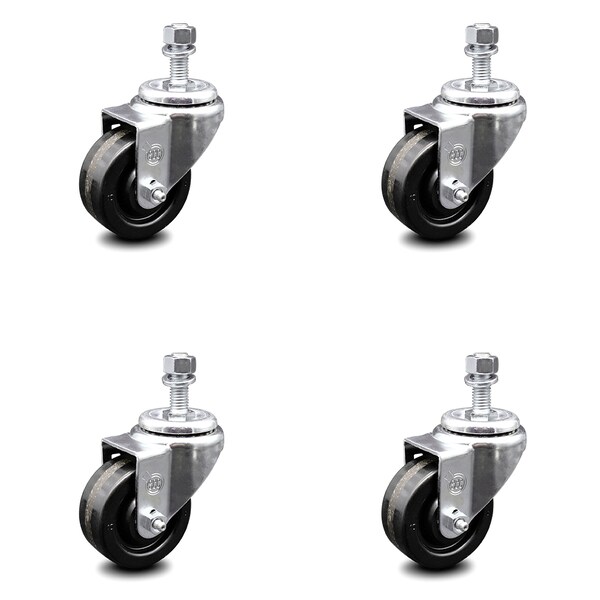 3.5 Inch Phenolic Wheel Swivel 12mm Threaded Stem Caster Set